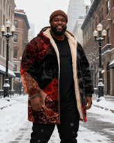 Big & Tall Men's Red And Black Crack Graffiti Print Velvet Thickened Long Hooded Coat